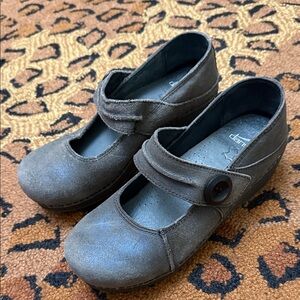 Dansko Gray Mules with Button Strap